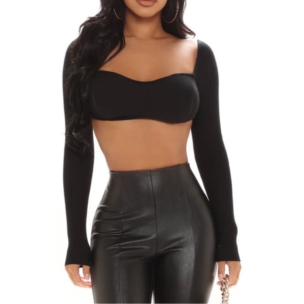 Black Bustier Crop Top with Long Sleeves